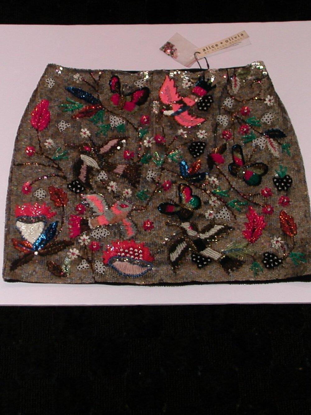 Alice + Olivia Sequin & Bead Embellished Floral Mini Skirt Birds & Butterflies